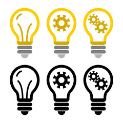 Set yellow and black electric light bulb with gear idea business icon flat vector design