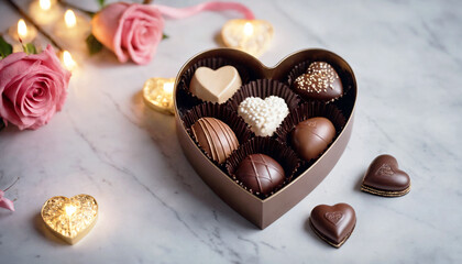 Elegant heart-shaped box of mixed assorted chocolates with chocolate, milk, caramel, bitter. Perfect gift for Valentine's Day