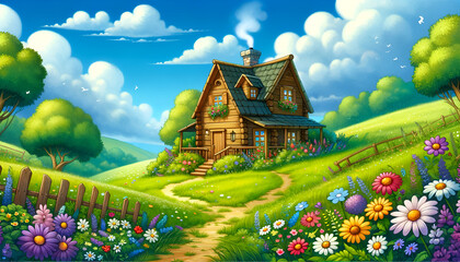 Enchanted forest cottage with blooming garden paths.
Generative AI.