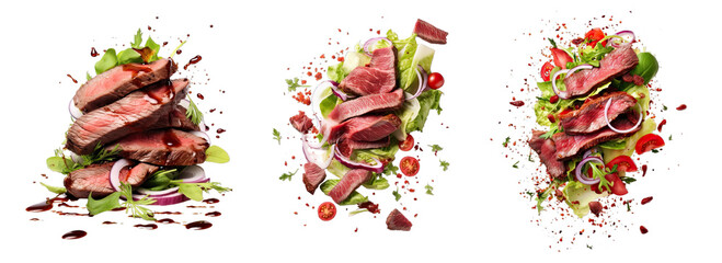 Collection of PNG. Falling steak salad ingredients, sliced beefsteak, food packaging concept isolated on a transparent background.