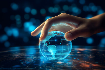 A Hand Connects with 3D Globe Network for Effortless Information Exchange