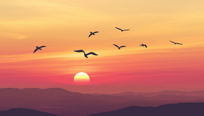Obraz premium Birds fly towards the horizon in a serene formation against a strikingly colorful sunset sky
