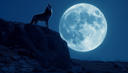 A lone wolf stands on a rocky crest howling at the luminous full moon in a tranquil, star-filled night sky