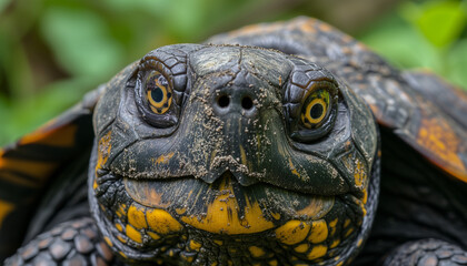 Naklejka premium A close-up image of a turtle looking directly at the camera, showing off the intricate patterns and textures of its eyes and shell with specks of dirt on its face