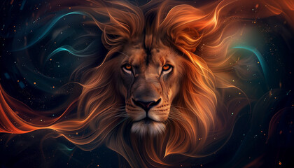 digital art illustration of a lion with a fiery, cosmic mane, blending into an abstract swirl of vibrant orange and blue hues that evoke a mystical and powerful presence