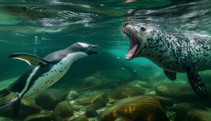 A penguin swiftly swims away from an open-mouthed seal in a tense underwater encounter, highlighting the dramatic survival instincts of marine wildlife
