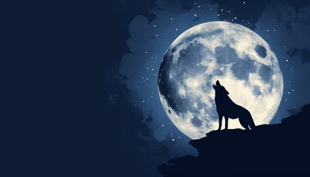 the silhouette of a wolf howling at the full moon creates a mystical scene against the starry night sky