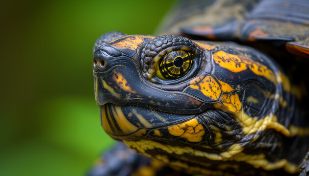 A close-up image of a turtle with a detailed, patterned face and a striking yellow and black eye, set against a soft green background