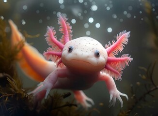 AI generated illustration of a close-up of an axolotl swimming underwater