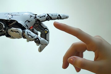 White cyborg robotic hand pointing his finger to human hand with stretched finger isolated on light grey background