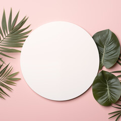 Top view photo of white circle with plants isolated on pastel pink background with copy space