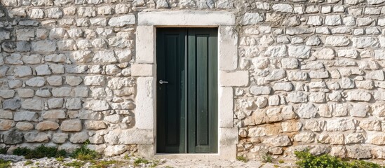 Fototapeta na wymiar Dark Green Door Adds Vertical Elegance to Ivory White Stone Wall