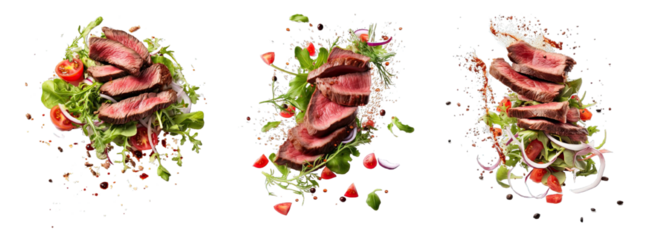 Collection of PNG. Falling steak salad ingredients, sliced beefsteak, food packaging concept isolated on a transparent background.