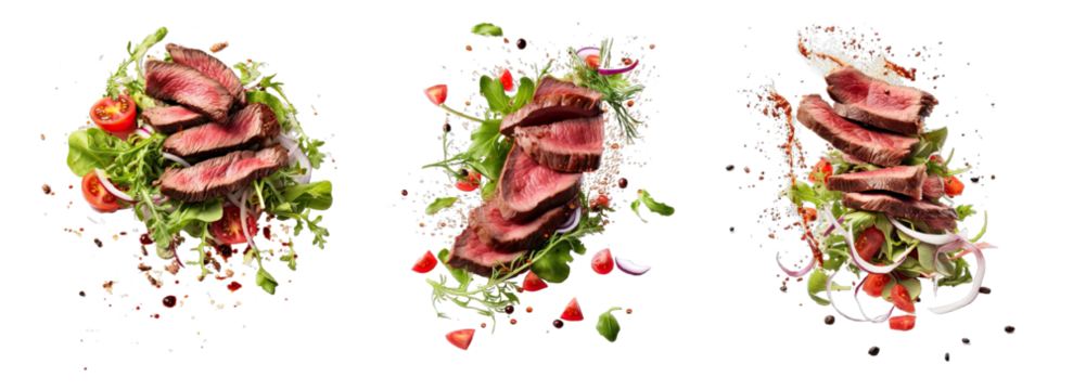 Collection of PNG. Falling steak salad ingredients, sliced beefsteak, food packaging concept isolated on a transparent background.