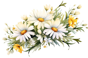 Fototapeta premium Watercolor Daisy Flowers Corner Border Chamomile Bouquet, Wildflowers for Wedding Invitations and Greeting Cards