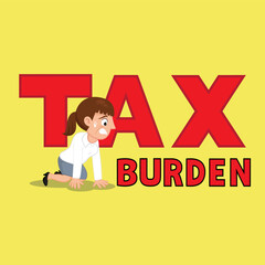  Businesswoman under pressure heavy word tax red letters burden. Heavy Taxation. Crisis of banking and finance. Flat, Vector, Illustration, Cartoon, EPS10. 