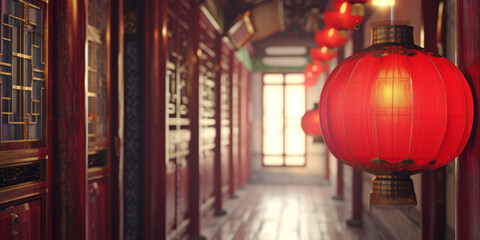red lantern hanging in the hallway of a chinese building, generative AI