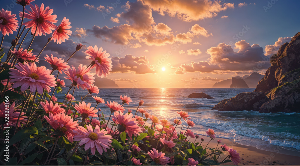 Wall mural Seascape with flowers on the beach. AI