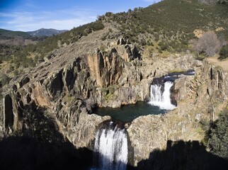 Spectacular double waterfall of the Aljibe waterfall in the province of Guadalajara