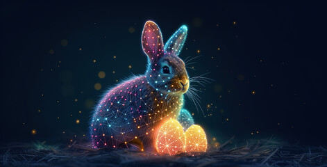 Obraz na płótnie Canvas Rabbit with Easter eggs in shining neon lights and stars. Sparkling hare with shiny particles and stellar cosmic dust among the shimmering highlights. Futuristic techno style. Generative AI