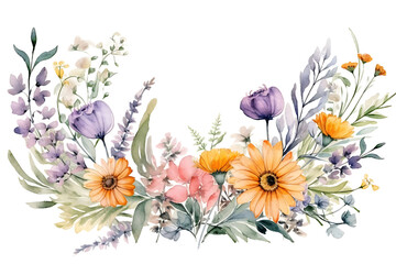 Watercolor floral frame with daisy, calendula, lavender, and eucalyptus for vibrant summer invitations