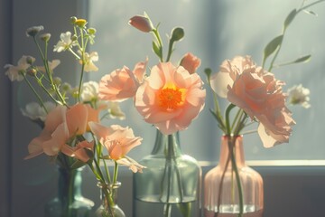 Spring Flowers in vases against the background of playing shadows. Sunlight turns simple flowers into works of art.