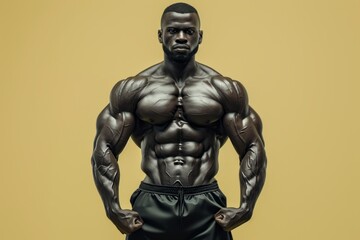 Fototapeta na wymiar Muscular male bodybuilder posing against a neutral background, showcasing physique.
