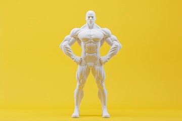 White muscular male figurine posing on a bright yellow background with copy space.