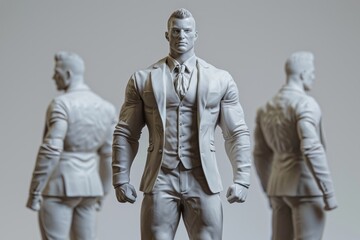 Three white male figurines in suits, with focus on the one in front against a neutral background.