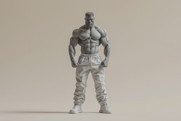 Monochrome image of a muscular male action figure standing confidently against a plain background.