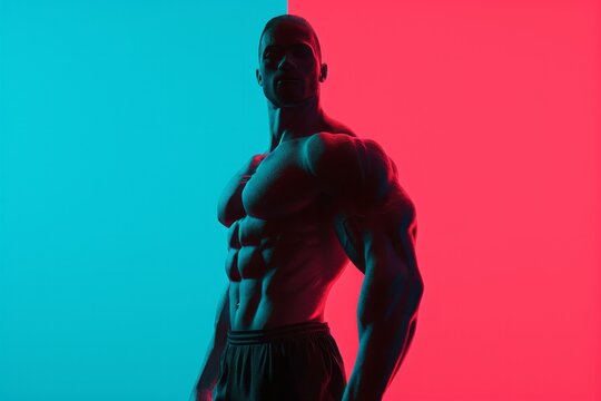 Silhouette of a muscular man in a dual-tone light, red and blue, highlighting his physique.