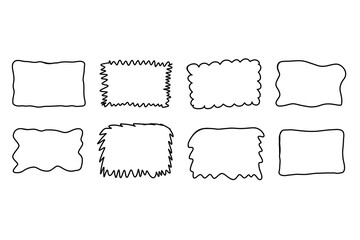 Doodle Rectangle frame set. Hand drawn wavy curve deformed textured frames. Border sketch. Vector illustration isolated on a white background.