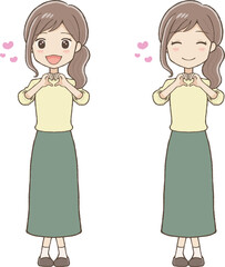 手でハートの形を作るロングスカートの女性 表情2種