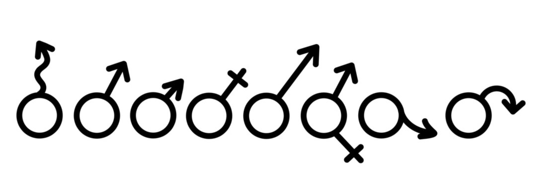 Erectile dysfunction, prostatitis, bad sex. Male mars symbol. Impotence, flaccid soft penis. Infertility, pills for potency. Stock vector set illustration isolated on white background.