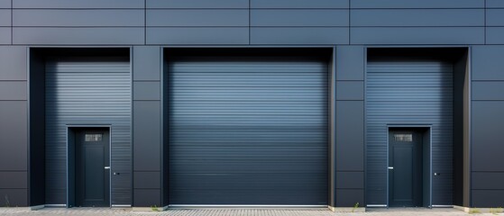 Shutter Doors For Warehouses. Illustration On The Theme Of Architecture And Industry, Buildings And Warehouses.  Generative AI	
