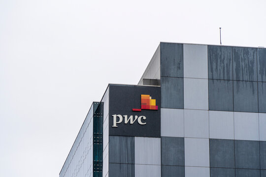 ADELAIDE, SA AUSTRALIA - 23 NOV 2023: PWC logo in the Adelaide CBD, South Australia.