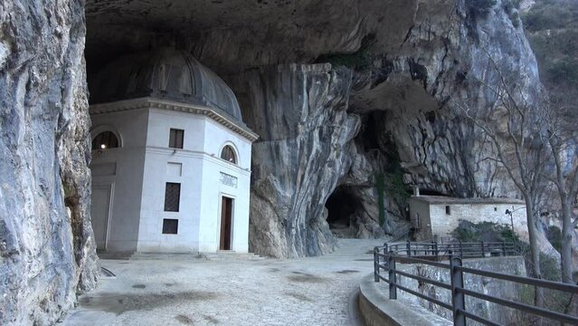 Temple of Valadier church near Frasassi caves of Genga. Rock church inside a cave. Marche, Italy. 4k footage