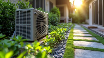 Air-conditioning unit in a garden during summer Generative AI