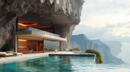  A cliffside villa with sweeping views of the rugged coastline below.
