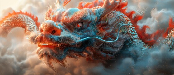 Fairytale Dragon In Mystical Clouds. Illustration On The Theme Of Mysticism And History, Religion And Fairy Tales.  Generative AI	
