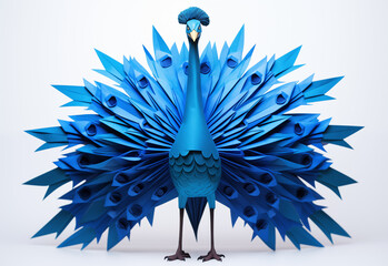Origami peacock, bright blue bird made of paper white background
