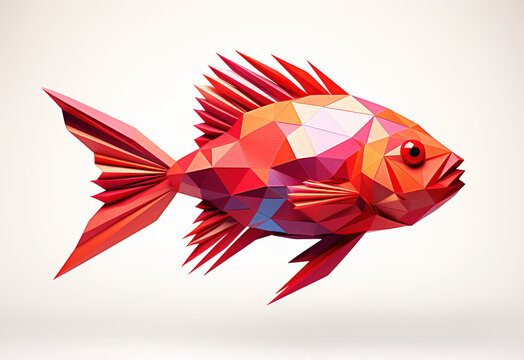 Origami fish, bright red fish made of paper white background