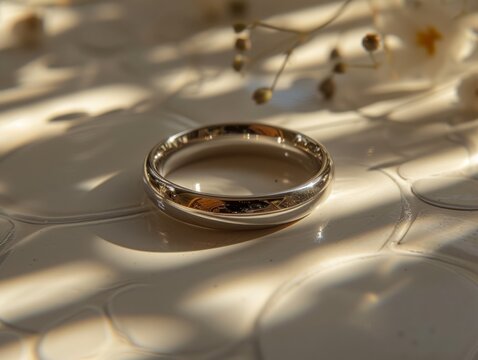 3d rendering, a gold ring sits on a marble floor with shadows of attached plant leaves and flowers in the background. An elegant ring illuminated by the sunlight. Created with Generative AI.