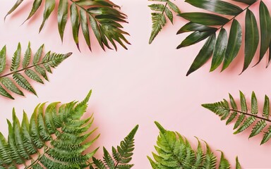 Creative layout made of various tropica palm and fern leaves on pastel pink background - obrazy, fototapety, plakaty
