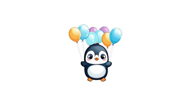 animation of penguins with flying balloons. AI