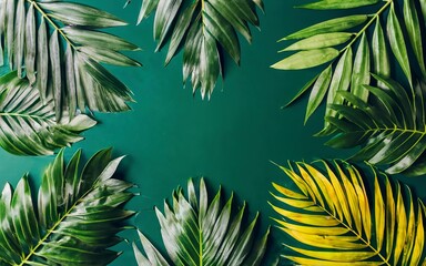 Fototapeta na wymiar Tropical palm leaves on color background with copy space