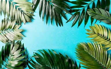 Tropical palm leaves on color background with copy space