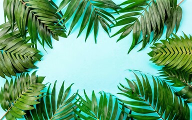 Fototapeta na wymiar Tropical palm leaves on color background with copy space