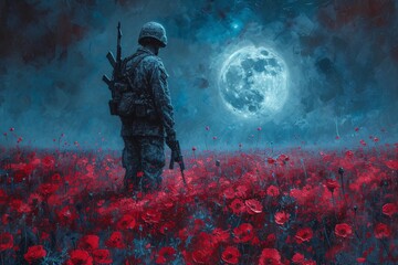 Warrior in Camouflage Stands in a Field of Red Poppies Under a Full Moon Generative AI