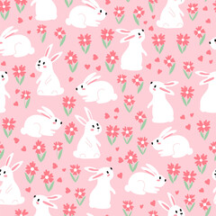 Rabbits and flowers seamless pattern